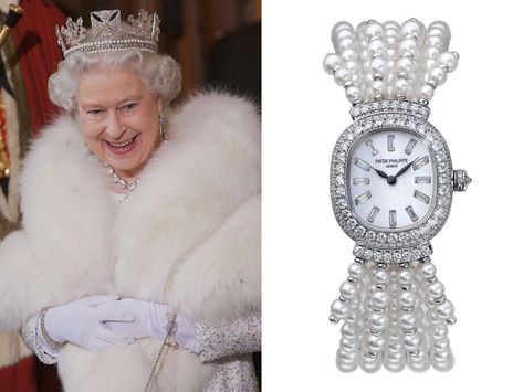 The Queen has been seen wearing this watch since 1953. it is a pearl bracelet of 5 strands with a diamond clasp and a central watch face in a diamond frame. Surrounding the watch face on either side are shorter pearl strands that hang down. #Royal #Jewellery #Royaljewels #QueenElizabeth British Royal Jewellery, Queen Elizabeth Jewels, Ruby Jubilee, British Crown Jewels, Queens Jewels, The British Royal Family, The Royals, Family Jewels, Family Jewellery