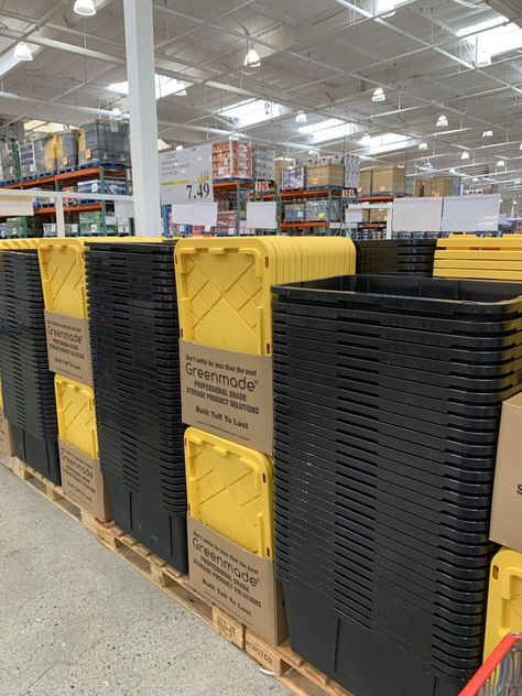 Costco sells these Greenmade 27 Gallon Storage Bins for $7.49! Scroll down for photos. These black and yellow plastic storage bins are on sale right now for $1 off. My wife & I absolutely love these storage bins. We use them to store all of our seasonal items & put labels on the outside. Don't forget to put labels on the outside or you end up opening all the bins =). #costco #greenmade #madeinusa #storagebins Costco Storage Bins, Black And Yellow Tote Storage, Black And Yellow Storage Bins Garage, 27 Gallon Tote Storage, Garage Storage Bins, Basement Shelving, Black Bin, Costco Shopping, Storage Shed Organization