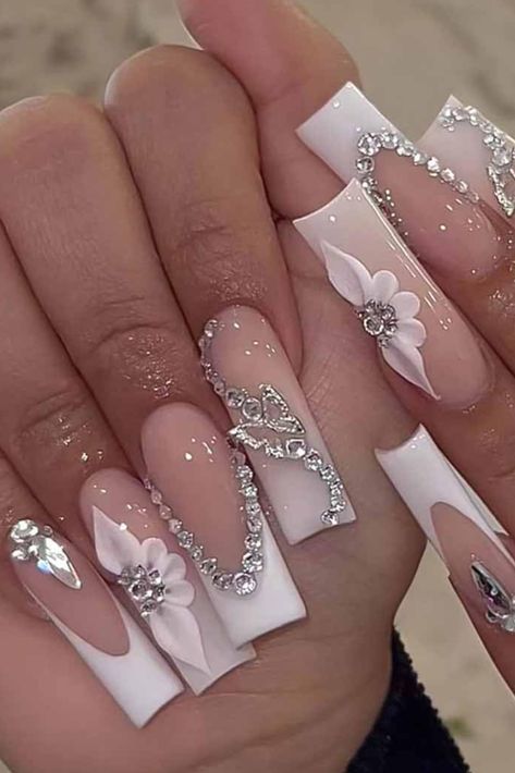 #ad #CommissionsEarned  -  RikView French Tip Nails Square Press on Nails Long Fake Nails with 3D Flowers White Nails Glossy Stick on Nails 24 PCS Quince Nails, Silver Nail Designs, Nagel Tips, White French Tip, Silver Nail, Girly Acrylic, Coffin Press On Nails, Girly Acrylic Nails, Unique Acrylic Nails