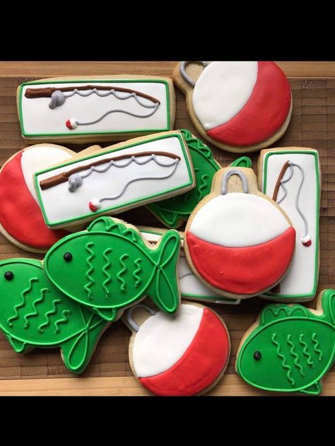 Birthday Decorated Cookies, Cookie Themes, Camping Cookies, Fish Cookies, Theme Cookies, Fishing Birthday Party, Cookies Birthday, Cookie Embosser, Themed Cookies