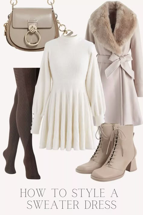 Sweater Dress Casual Outfit, Posh Autumn Outfits, White Sweater Dresses, Cream Knit Dress Outfit Winter, Cream Colored Sweater Dress, Cosy Winter Outfits Casual, Beige Christmas Outfits, Off White Sweater Dress Outfit, Outfits With Cream Sweater