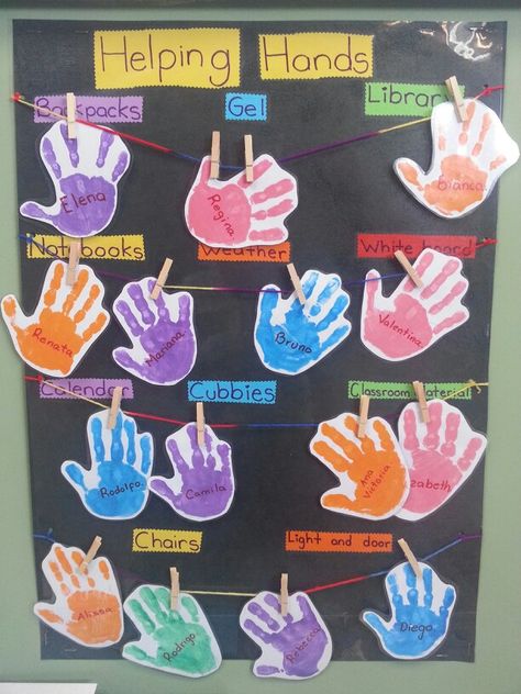 Helping hands Helping Hands Bulletin Board Ideas, Helping Hands Craft, Classroom Jobs Board, Classroom Arrangement, Classroom Charts, Family Tree Project, Attention Grabbers, Clip Chart, Classroom Display