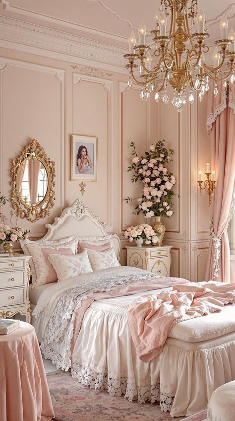 Create a romantic coquette-inspired bedroom for Valentine’s Day with elegant bedding, soft colors, and delicate details. Perfect for cozy, love-filled vibes! Pink Room Ideas Small Bedrooms, Romantic Interior Design Bedroom, Pink Luxury Bedroom Aesthetic, White Bed With Pink Accents, Baroque Room Decor, Pink Guest Bedroom Ideas, Pink Rococo Bedroom, Old Money Bedding, Room Decor Ideas Pink And White