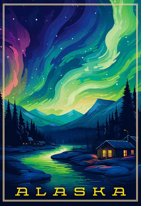 Experience the enchanting allure of the Alaskan wilderness like never before with this northern lights artwork. Witness the majestic northern lights illuminating the dark Alaskan skies, casting a kaleidoscope of vibrant colors over the mountains. Polar Lights Drawing, Northern Lights Linocut, Gouache Northern Lights, Northern Lights Colored Pencil, Alaska Painting Acrylic, Mountain Northern Lights Tattoo, Northern Light Illustration, Northern Lights Mural, Northern Lights Mountains