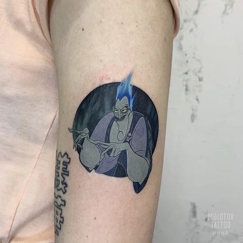 Hades Tattoo Disney, Distance Tattoos, Disney Hades, Hercules Tattoo, Hades Tattoo, Undercut Hair Designs, Hercules Disney, Simple Tats, Ghibli Tattoo