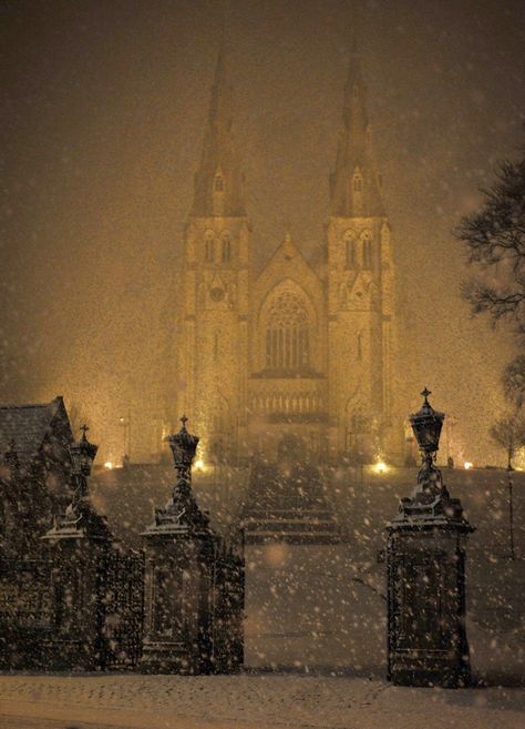 A snowy night at St Patrick's Cathedral, Armagh, North Ireland. Photo by Ryan Kelly Christmas In Ireland, Ireland Aesthetic, Armagh, Dark Landscape, Lace Curtain, Gothic Cathedral, Night Vibes, Wedding Night, Environmental Art