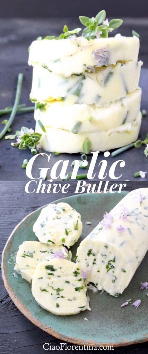 Compound Garlic Chive Butter Recipe with Chive Flowers and Grass Fed Organic Butter | CiaoFlorentina.com @CiaoFlorentina Garlic Chive Butter, Ciao Florentina, Garden Garlic, Chive Flowers, Chive Butter, Flavored Butter Recipes, Butter Recipes Homemade, Chives Recipe, Compound Butter Recipe