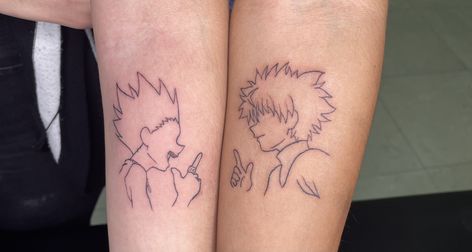 Gon X Killua Tattoo Design, Simple Hxh Tattoo, Matching Hxh Tattoos, Gon And Killua Tattoo Ideas, Gon And Killua Matching Tattoos, Killua X Gon Tattoo, Hxh Matching Tattoos, Matching Anime Tattoos Best Friends, Matching Tattoos Anime