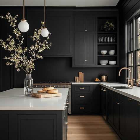 36 Insanely Beautiful Black Moody Kitchen Ideas You Need To See - Posh|Chic|Cool Moody Cabinets, Black Kitchen Walls, Black Kitchen Cabinets Ideas, Moody Kitchen Ideas, Dark Kitchen Aesthetic, Dark And Moody Kitchen, Dark Moody Kitchen, Dark Kitchen Ideas, All Black Kitchen