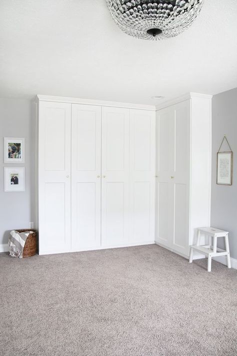 This super helpful post talks about IKEA's 3 best storage systems-- ALGOT, BESTA, and PAX-- and gives great ideas for using them in your home! | IKEA BESTA storage system, modular storage system, IKEA ALGOT closet system, custom closet system, IKEA PAX wardrobe system, DIY wardrobe, IKEA hack, how to plan for and install IKEA storage systems, built in storage unit for home office made with IKEA PAX wardrobe system and custom trim work, GRIMO doors Ikea Floor To Ceiling Storage, Pax Office, Ikea Wardrobe Closet, Wardrobe Layout, Pax Corner Wardrobe, Open Closets, Ikea Bedroom Storage, Ikea Algot, Armoire Ikea