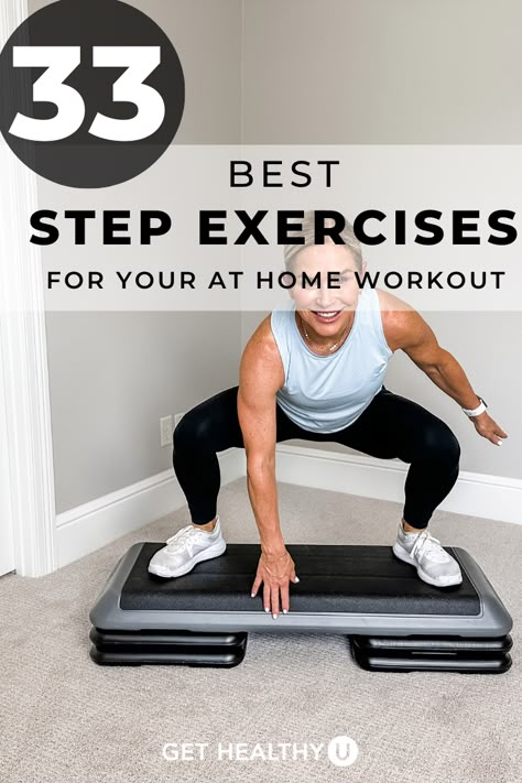 Step Training Exercise, Aerobic Stepper Exercises, Cardio Step Exercises, Exercise With Stepper, Full Body Step Workout, Step Riser Workouts, Steps Workout Routine At Home, Step Leg Workout, Diy Exercise Step Platform