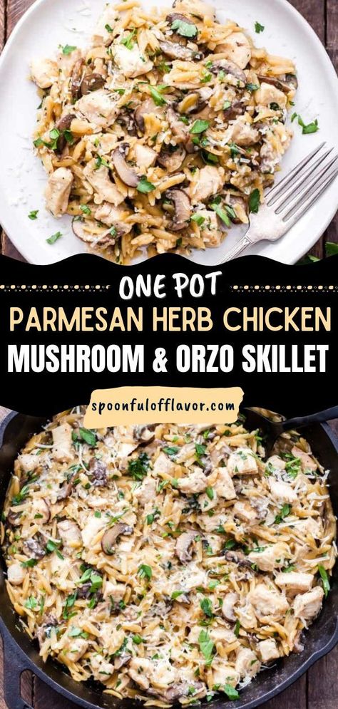 Orzo Recipes Healthy, Dinner With Mushrooms, Chicken Recipe For Dinner, Chicken Spinach Recipes, Orzo Skillet, Mushroom Recipes Healthy, Easy Chicken Recipe, Skillet Dinner Recipes, Chicken Mushroom Recipes