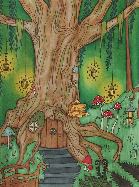 Forest Drawing Easy, Fairy House Drawing, Fairytale Drawings, Fairy Garden Drawing, Tree House Drawing, Simple House Drawing, Fairy Garden Art, Fairy Tree Houses, Forest Drawing