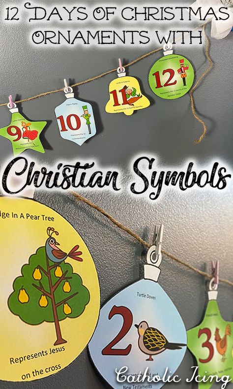 All 12 days of Christmas from the song have a Christian meaning behind them. These printable 12 days of Christmas ornaments have the Christian symbolizations right on the ornament. You can either print these in color or you can color them yourself. Such a great project for the Christmas season! #12daysofchristmas #catholicchristmas #christianchristmas #twelvedaysofchristmas #liturgicalliving #christmasseason #christmasfeastdays 12 Days Of Christmas Christian Meaning, Twelve Days Of Christmas Ornaments, 5 Gold Rings 12 Days Of Christmas, 12 Days Of Christmas Decorating Ideas, 12 Days Of Christmas Ornaments Diy, Christian Christmas Symbols, Nativity Tablescape, 12days Of Christmas, 12 Days Of Christmas Crafts