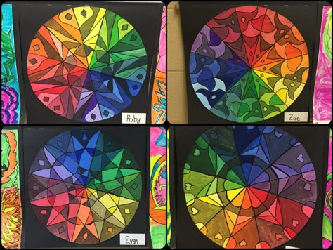 Middle School Color Wheel Projects, 1st Grade Color Wheel Art Project, Color Wheel Art Projects Middle School, Color Wheel Art Projects Elementary, Creative Color Wheel Projects, Mandala Color Wheel, Color Wheel Mandala, Color Theory Projects, Colour Wheels