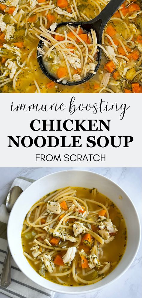 Tons of flavor and full of nutritious, healing bone broth, veggies, and whole wheat noodles. The chicken noodle soup your body actually needs while you’re sick. Soup For Sickness Stomach, Crockpot Soup For Sickness, Chicken Noodle Soup For Sickness, Noodle Soup For Sickness, Chicken Soup For Sickness, Chicken Noodle Soup Freezer Meal, Chicken Noodle Soup Freezer, Low Sodium Chicken Noodle Soup, Healing Chicken Noodle Soup