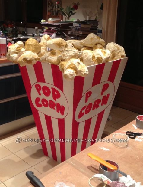 Popcorn Backdrop, Diy Popcorn Decorations, Trunk Or Treat Popcorn Theme, Popcorn Themed Trunk Or Treat, Giant Fake Popcorn Diy, Large Popcorn Box Diy, Giant Popcorn Box Diy, Popcorn Halloween Costume Diy, Diy Popcorn Costume