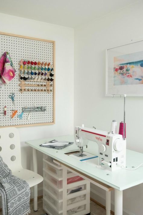 Inside the Janery Sewing Studio Sewing Room Minimalist, Tailor Studio Work Spaces, Sewing Room Wallpaper, Sewing Studio Ideas, Home Sewing Studio, Sewing Room Mural, Design Wall For Quilting Sewing Rooms, Sewing Studio Space, Ikea Kallax Shelving