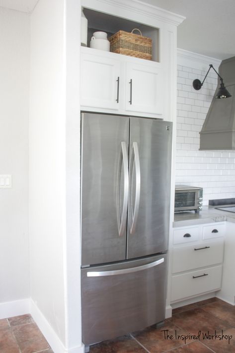 Building a Cabinet Above the Fridge ... Cupboards Around Fridge, Cupboard Above Fridge, Fridge In Kitchen, Building Cabinet Doors, Fridge Cupboard, Above Fridge, Above The Fridge, Kitchen Renos, Fridge Design