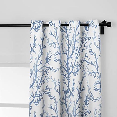 Bedroom Navy Blue, Coral Curtains, Bedroom Navy, Nautical Curtains, Coastal Curtains, Villa Living Room, Ocean Coral, Coastal Bathrooms, Drape Panel