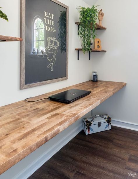 How to Make a Floating Desk that's Simple, Sturdy & Inexpensive | Home office decor, Diy floating desk, Home office setup Hinged Desk On Wall Diy, Wall Length Desk Office, In Wall Desk Ideas, Pull Down Desk From Wall Diy, Wall Mounted Desk Floating, Office Long Desk Wall, Wall Desk Ideas Floating, Office Butcher Block Desk, Making A Desk Diy