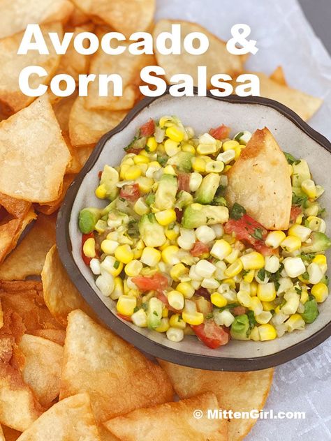 Fresh sweet corn and creamy avocado combine for a fun twist on the standard salsa recipe. This Avocado Corn Salsa is vegetarian, vegan, and gluten free. Avocado Corn Salsa, Snack Pairings, Frozen Strawberry Daiquiri, Creamy Salsa, Corn Salsa Recipe, Corn Avocado Salad, Frozen Strawberry, Delicious Veggies, Corn Snacks