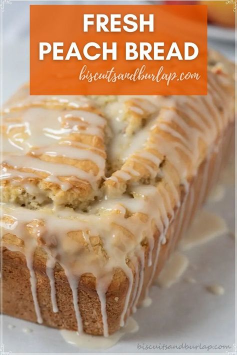 This quick and easy Peach Bread recipe is a delicious way to make the most of summer’s favorite fruit. The light icing takes it over the edge towards a dessert, but we actually enjoy the glaze on it even as a breakfast bread. Canned peaches are fine to use, and so are frozen ones, but you can't beat a fresh peach! Peaches And Pecans Recipes, Peach And Banana Recipes, Summer Quick Breads, Peach Recipes Dessert Easy, Easy Peach Desserts With Fresh Peaches, Peach Bread Recipe Easy, Peach Banana Bread, Summer Bread Recipes, Summer Breads