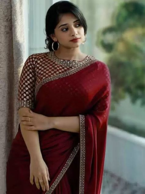 Embroidered Bollywood Satin Saree (Maroon) Pretty Saree, Kerala Saree Blouse Designs, Handmade Blouse, Sarees For Girls, Fancy Sarees Party Wear, Indian Saree Blouses Designs, Silk Saree Blouse Designs, Half Saree Designs, Indian Fashion Saree