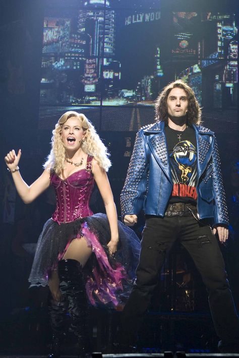 Amy Lehpamer (Sherrie) and Justin Burford (Drew), Rock Of Ages ... Rock Of Ages Costume Ideas, Rock Of Ages Broadway, We Will Rock You Musical Costumes, Rock Of Ages Outfits, Rock Of Ages Musical, Rock Of Ages Costume, Classic Rock Fashion, Rock Costume, 80s Inspired Fashion