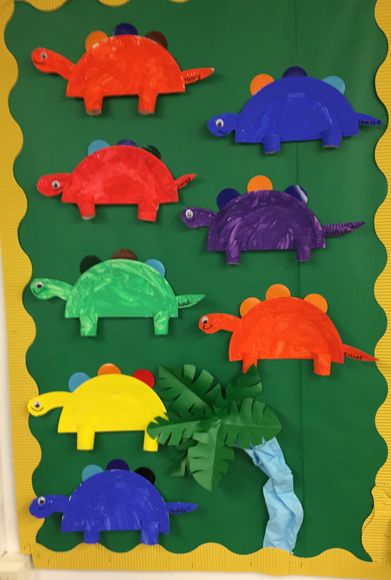 Colourful dinosaurs made from paper plates on display. Dinosaur Display Board Eyfs, Dinosaur Display Board, Dinosaur Role Play Area Eyfs, Dinosaur Boards Classroom Displays, Dinosaur Reggio Activities, Ks1 Dinosaur Topic, Dinosaur Display, Dinosaur Projects, Maths Display