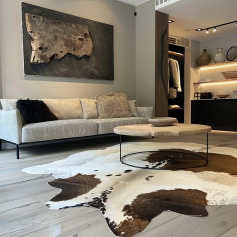 💥🐄 Contrarian Alert: 🐄💥 Why follow the herd when you can stand out with our luxurious cowhide rugs? 🌟 Embrace the unexpected and elevate your space with texture and sophistication that breaks the mould. Discover the timeless elegance of cowhide today and make a bold statement in your home! 💫 #CowhideRugs #LuxuryLiving Cowhide On Wall, Cowhide On Wall Ideas, Cowhide Rug Living Room Modern, Cowhide Rug Living Room, Owners Suite, Cowhide Rugs, Hide Rug, Cowhide Rug, Cow Hide Rug