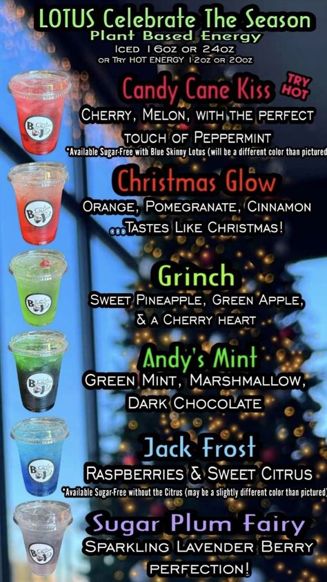 Tiki Breeze Energy Recipes, November Lotus Drinks, Holiday Lotus Drinks, Energy Drink Flavor Combinations, Christmas Dirty Soda, Loaded Tea Flavors, Fall Lotus Drinks, Winter Lotus Drinks, Purple Lotus Energy Drink Recipes