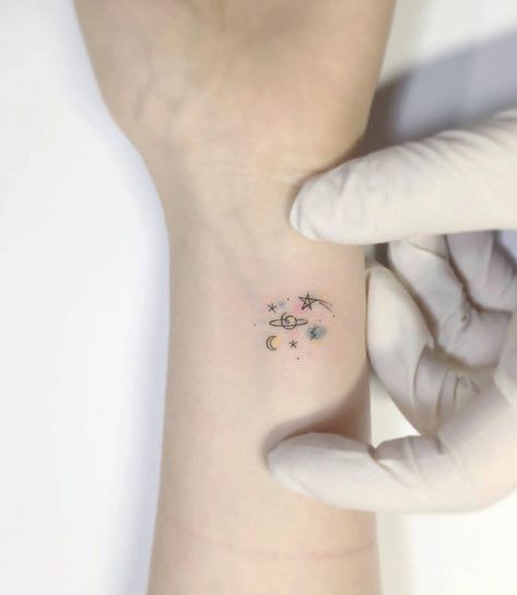 Space minimalist tattoo Faith Tattoos, Universe Tattoo, Planet Tattoos, Shape Tattoo, Muster Tattoos, Inspiration Tattoos, Star Tattoo, Small Wrist Tattoos, Subtle Tattoos