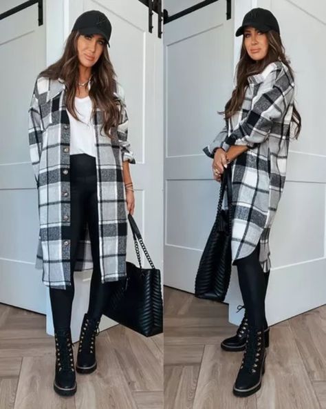 Plaid Shacket, Faux Leather Leggings, Relaxed tee, Tory Burch Miller Lug Boots, Baseball hat, Tote, Fall Outfit Idea, Casual Outfit Idea Dress With Long Shacket, Long Plaid Jacket Outfit, Long Shacket Outfit Women, Plaid Shacket Outfit Women, Plaid Shirt Dress Outfit, Shaket Jacket Outfit, Plaid Shacket Outfit, Shacket Outfit Women, Plaid Jacket Outfit