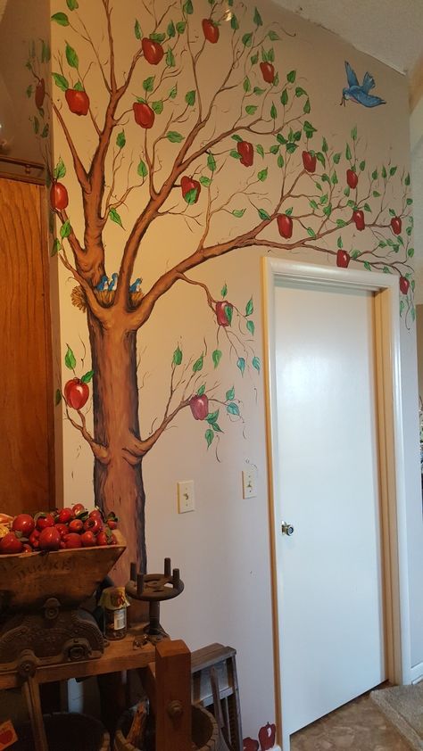 Apple tree on our kitchen wall Apple Tree Mural, Cube Project, Awana Cubbies, Tree Wall Painting, September Art, Apple Painting, Tree Mural, Church Nursery, Cubby House