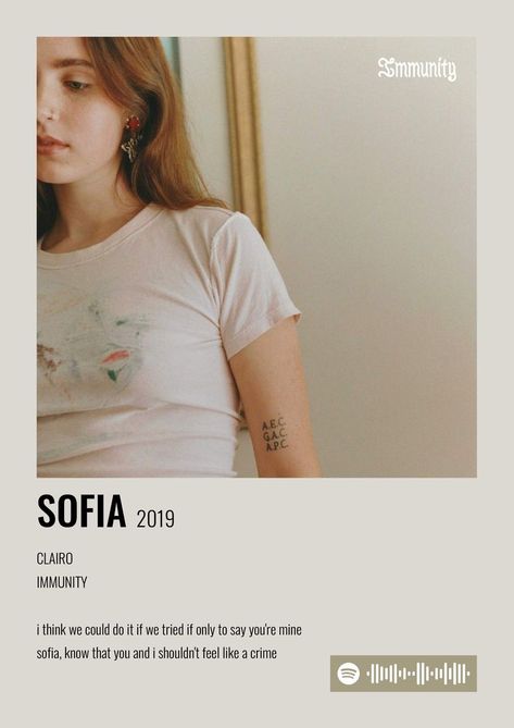 Clairo - Sofia minimalist poster with spotify code Sofia Song, Wanna Be Yours Arctic Monkeys, Arctic Monkeys Poster, I Wanna Be Yours, Minimalist Music, Posters Aesthetic, Wanna Be Yours, Movie Wall, Music Poster Ideas