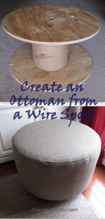 Upcycled Wire Spool Ottoman Wire Spool Upcycle, Wood Spool Ideas, Spool Ottoman Diy, Big Spool Projects, Spool Ottoman, Electric Wire Spools Ideas Diy Wood, Spools Ideas, Wooden Electrical Spools Ideas Diy, Diy Cable Spool Table