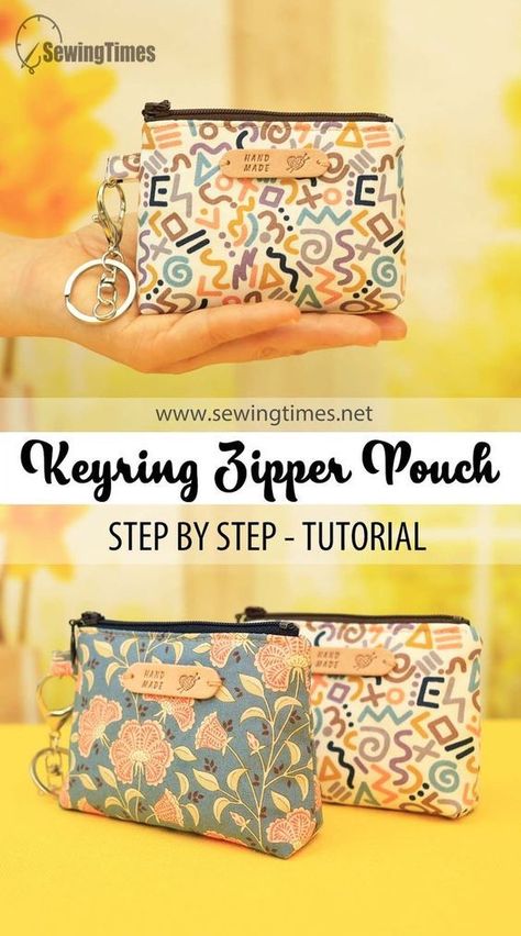 DIY Keyring Zipper Pouch | Cute Coin Purse Tutorial - Sewing Gifts Idea [sewingtimes] Zippered Pouch Tutorial Free Pattern Coin Purses, Keychain Coin Purse Diy, Sew Small Zipper Pouch, Zippered Coin Purse Pattern, Diy Small Bag Zipper Pouch, Pouch Purse Patterns, Coin Purse Diy Sewing Projects, Zipper Coin Pouch, Making A Coin Purse