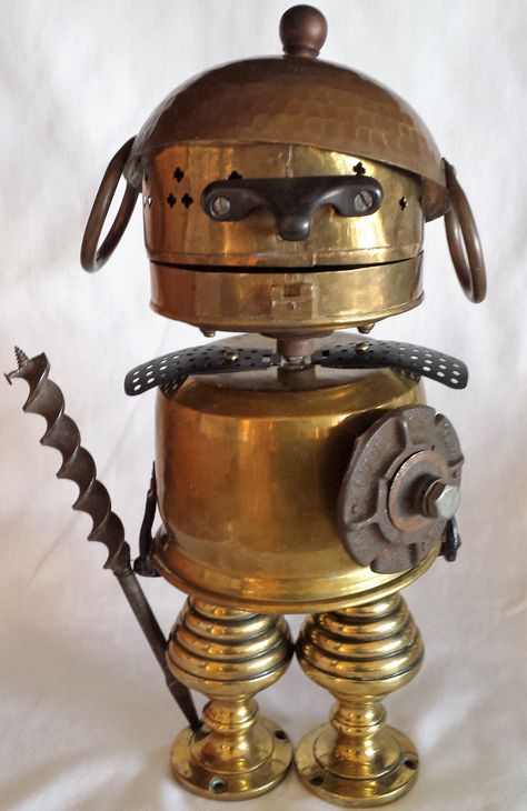 Alexander the Great - Found object assemblage robot Steampunk Warrior, Steampunk Sculpture, Robot Assemblage, Alex The Great, Recycled Robot, Robot Sculpture, Repurposed Art, Brass Box, Diy Robot