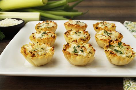 These mini tartlets are great for starting your holiday party. They're simple to make and your guests will love them. They have a delicate onion flavor and sweetness from the caramelization. The Gruyere gives them a nutty and salty taste, but feel free to swap it for your favorite cheese. Onion Tartlets, Cheese Tartlets, Mini Tartlets, Leek Tart, Leek Recipes, Festive Food, Phyllo Dough, Mini Tart, Gruyere Cheese