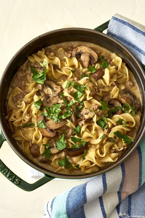 Recipe: One-Pot Weeknight Beef Stroganoff | Kitchn Ground Beef Skillet, Beef Skillet, Ground Beef Stroganoff, One Pot Dinners, Dutch Oven Cooking, Potted Beef, Stroganoff Recipe, Dutch Oven Recipes, Ground Beef Recipes Easy