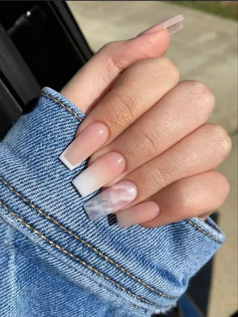 White Marble Acrylics, French With Marble Nails, Marble Acrylic Nails Square, Ombre White Nails Square, Marble Nails With French Tip, Ombre French Tip Acrylic Nails, French Tip And Ombre Nails, French Tip With Marble, White Marble Ombre Nails