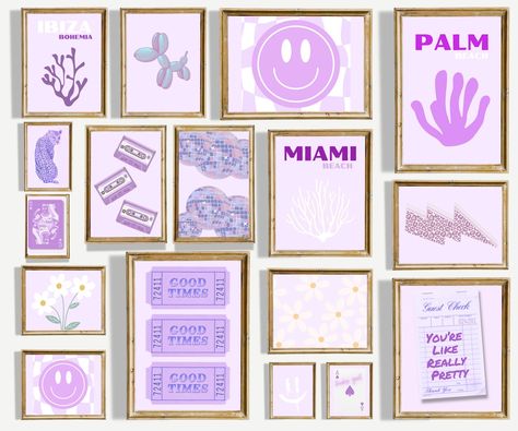 Preppy Lilac Gallery Set of 16 Digital Prints, Lavender purple teen girl room dorm decor, preppy modern wall art, apartment decor Purple And Gray Dorm Room Ideas, Pink And Purple Dorm Room Ideas, Lavender Dorm Room Ideas, Lavender Dorm Room, Purple Teen Room, Purple Dorm Room Ideas, Purple Dorm Rooms, Purple Dorm, Preppy Purple