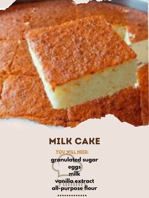 🍰 Dive into the creamy delight of Milk Cake! A simple, sweet treat that melts in your mouth. #MilkCakeMagic #BakeAndEnjoy Milk Cake Recipe 🥛 Ingredients: 150g granulated sugar 2 large eggs 240ml milk 5ml vanilla extract 200g all-purpose flour 10g baking powder 100g unsalted butter, melted Instructions: Preheat your oven to 180°C (350°F). Grease and flour an 8-inch cake pan. In a large bowl, whisk together sugar and eggs until creamy. Stir in milk and vanilla extract. Sift in flour and bak... Milk Cake Recipe, Deserts Easy, Lovely Cake, Milk Cake, Magic Cake, Sugar Eggs, Tea Time Snacks, Butter Recipe, Cake Pan