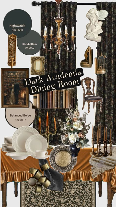 Academia Dining Room, Dark Academia Dining Room, Dark Goth Academia, Bedroom Design Vintage, Modern Victorian Aesthetic, Old English Home, Mood Board Diy, Room Decor Dark Academia, Law School Apartment