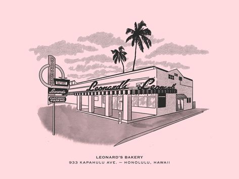 Leonard's Bakery, Hawaii by Philippa Vernals Tropical Branding, Diner Branding, Beach Sketches, Vintage Tshirt Design, Hawaii Hotels, Building Illustration, City Drawing, Mexican Designs, Branding Services