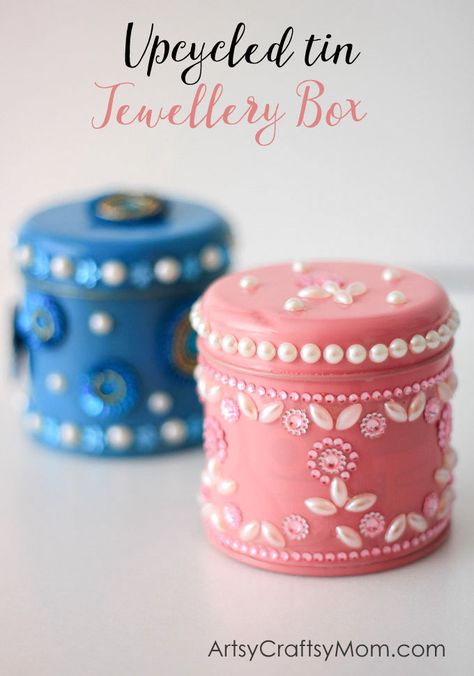 Kidmade Upcycled Tin Jewellery Boxes Small Candle Ideas, Tin Crafts Ideas, Diy Jewelry Box Ideas Handmade, Diy Jewellery Organiser, Diy Jewellery Box Ideas, Homemade Jewelry Box Ideas, Jewellery Box Diy, Upcycled Tin Jewelry, Diy Jewelry Box