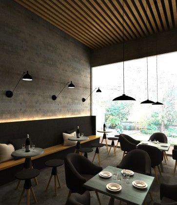 Modern Industrial Restaurant, Black Restaurant, Coffee Shop Concept, Industrial Cafe, Outdoor Table Tops, Booth Seating, Coffee Shops Interior, Concept Ideas, Restaurant Concept