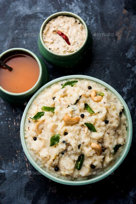 Dsc 7970 by stockimagefactory. Ven pongal recipe with sambar chutney is a popular South Indian food prepared with rice & moong dal #Sponsored #recipe, #pongal, #chutney, #sambar Pongal Dish, Ven Pongal Recipe, Ven Pongal, Pongal Recipe, Moong Dal, Homemade Salads, Healthy Food Dishes, South Indian Food, Food Images