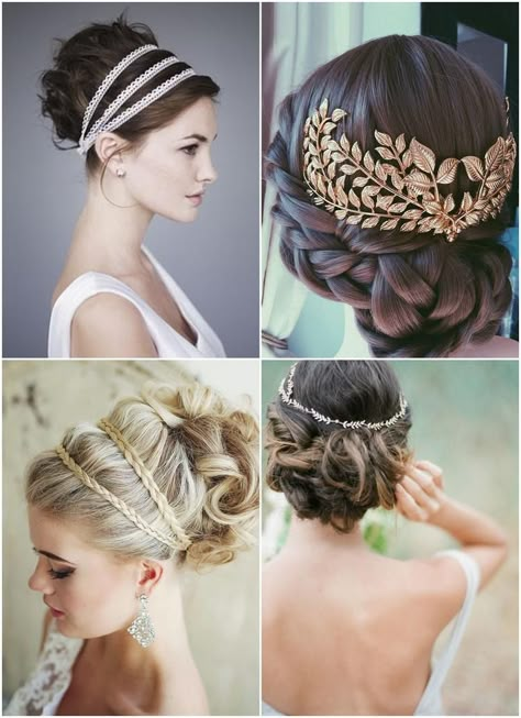 greek style wedding hairstyle and accessories ideas Greece Goddess Hairstyle, Greek Wedding Makeup, Greek Wedding Veil, Grecian Wedding Hairstyles, Greek Updo Hairstyles, Greek Style Hairstyle, Greek Wedding Hairstyles, Greek Goddess Wedding Hair, Greek Inspired Hairstyles